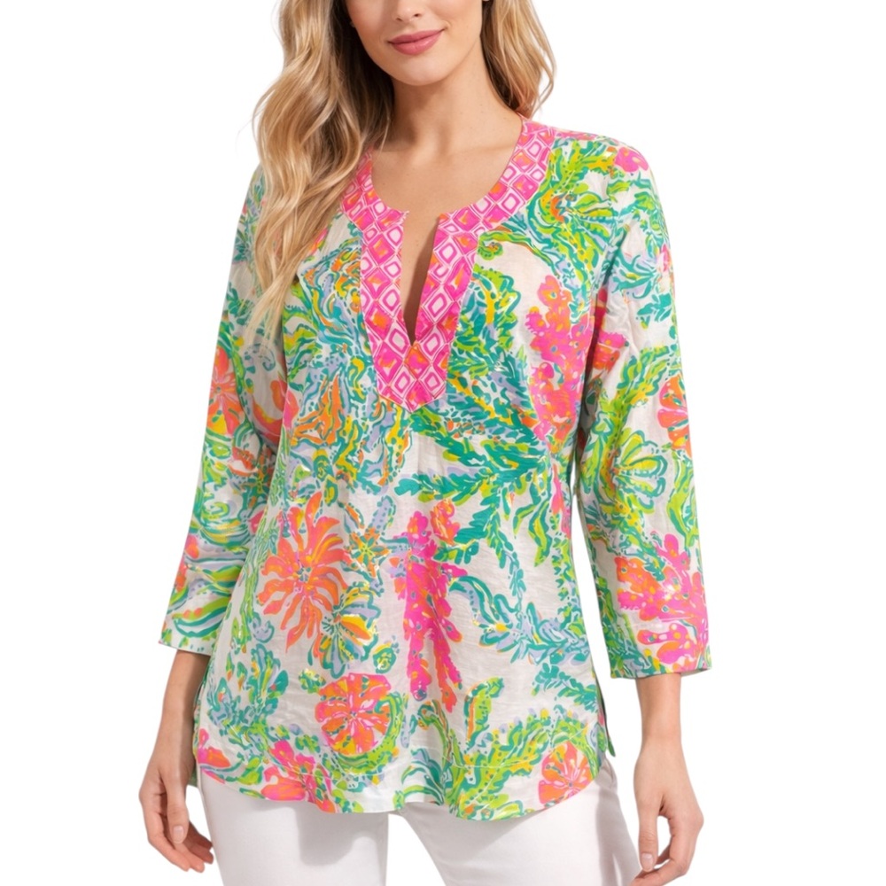 Lilly Pulitzer Multicolor Floral Tunic — Pink, Green, Coral